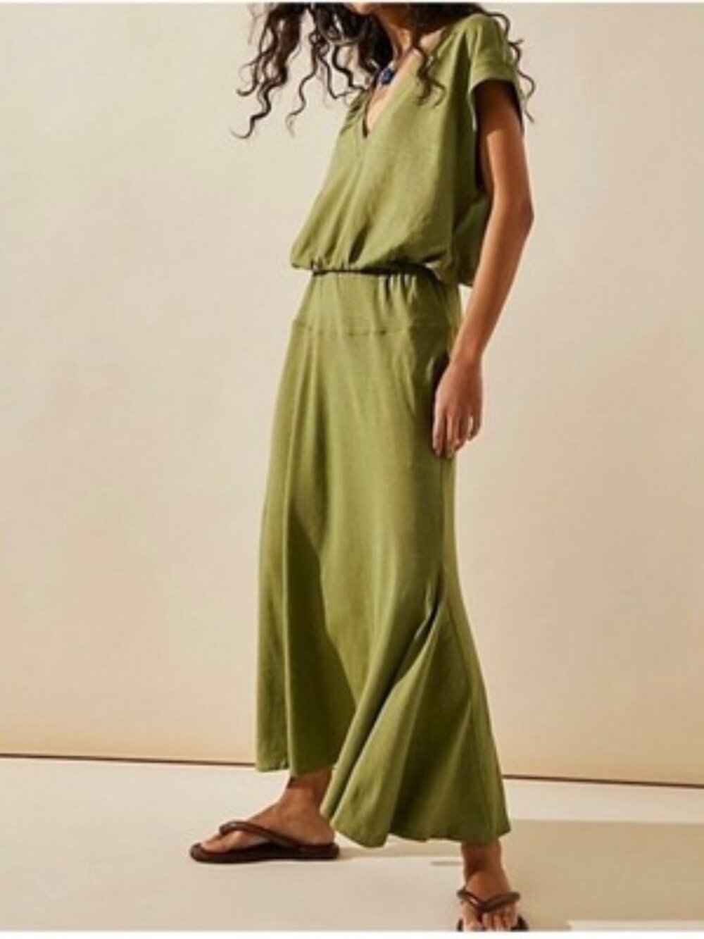 FREE PEOPLE BEACH Marlow V-Neck Midi Dress, Green, S/P